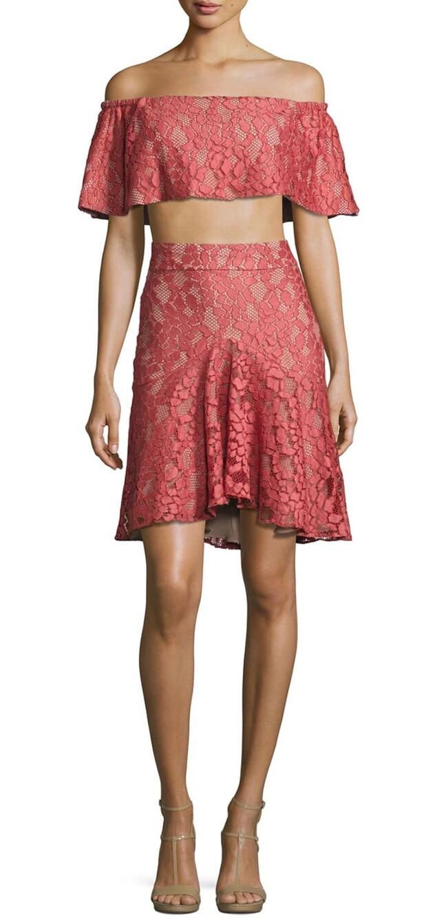 Alexis Lace Crop Top & Skirt Set Pink Lace Off the Shoulder Top NWT size M/L